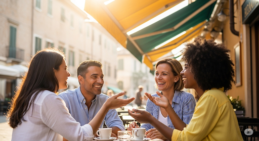 Personas conversando en un café italiano