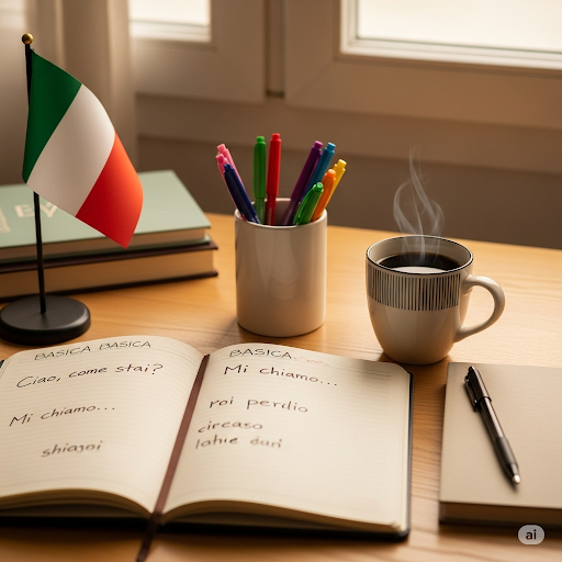 Escritorio de estudio para aprender italiano